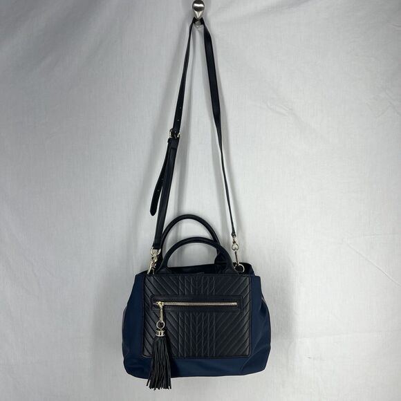 Karl Lagerfeld Paris Misto Black Leather and Blue Nylon Satchel Bag with Tags - Picture 2 of 15